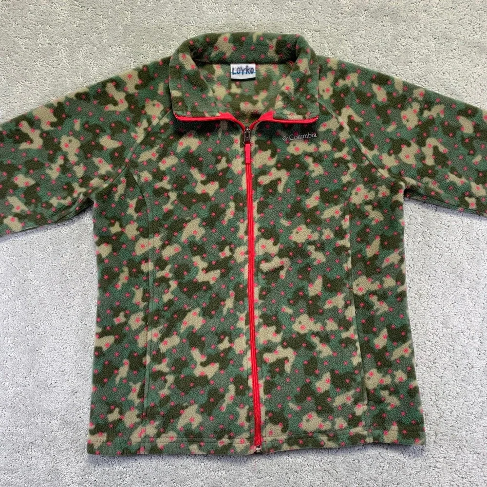 Columbia Camo Fleece Jacket Youth Girls XL Camo Pink Polka‎ Dot Zip Up Sweater